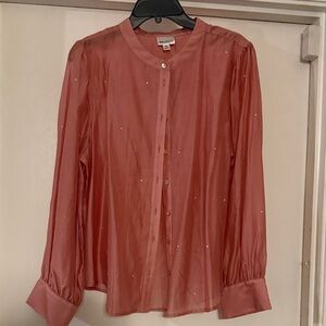 Chic sheer rose color button down shirt with shimmery stone accents.